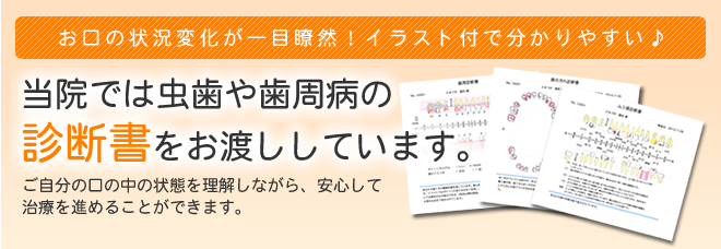 お口の状況変化が一目瞭然！イラスト付で分かりやすい♪当院では虫歯や歯周病の
診断書をお渡ししています。患者さまにとっては、ご自分の口の中の状態を理解しながら、安心して治療を進めることができます。